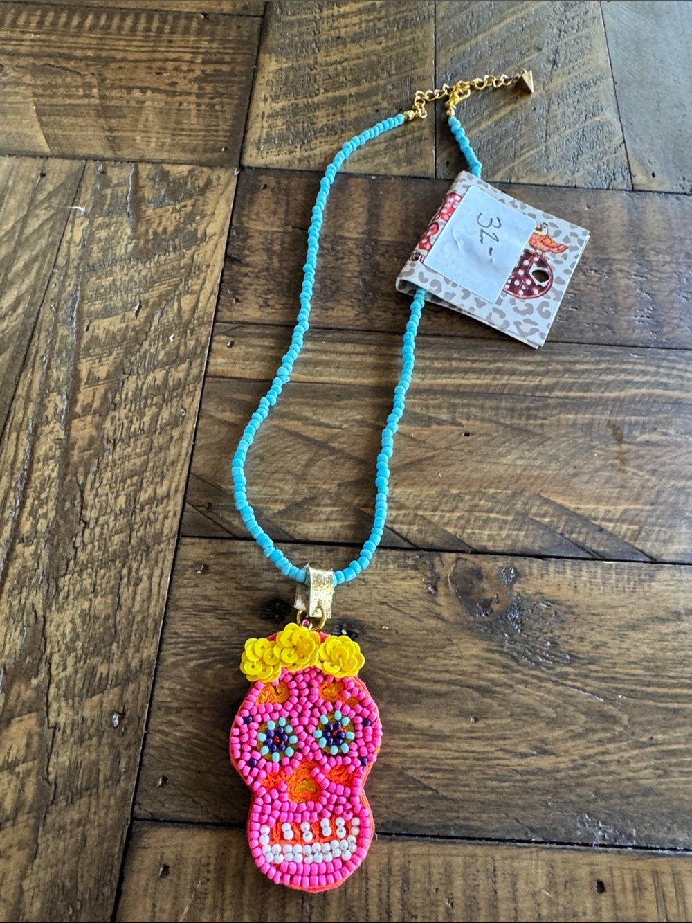 Beaded Pink Sugar Skull Necklace with Turquoise Beads 16”w/2”ext